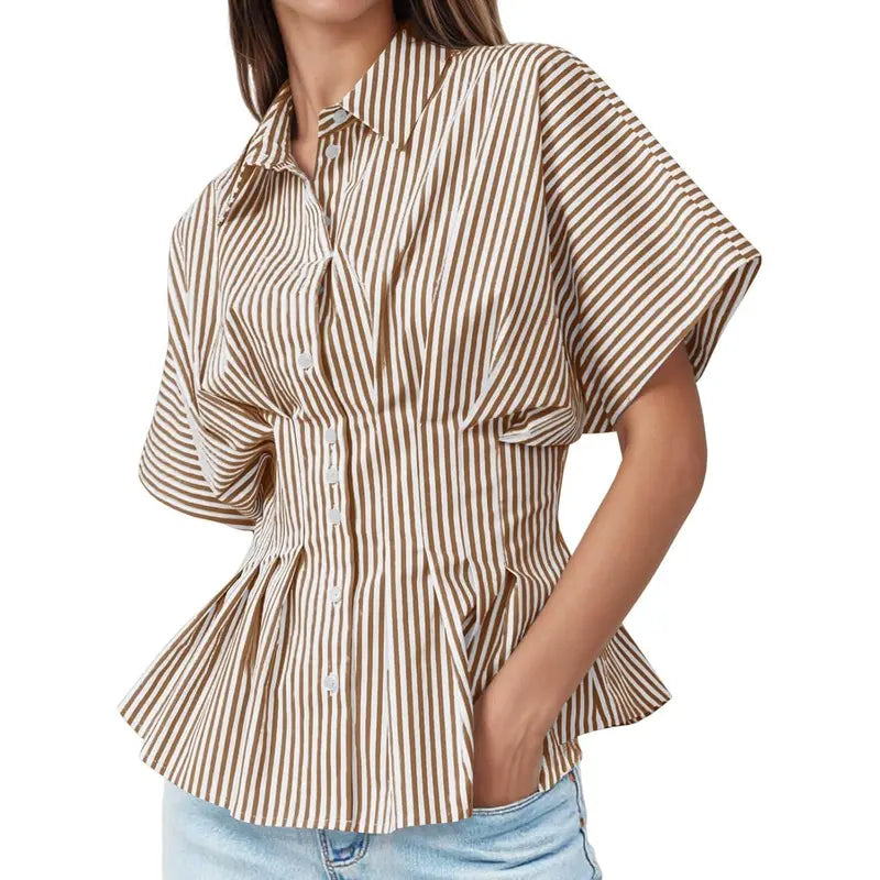 TANKANEO Women's Striped Peplum Button-Down Blouse - Short-Sleeve Batwing, Fitted Waisted, Pleated Polyester Shirts for Women, Flattering Everyday Tops, Breathable Casual Summer Business Wear