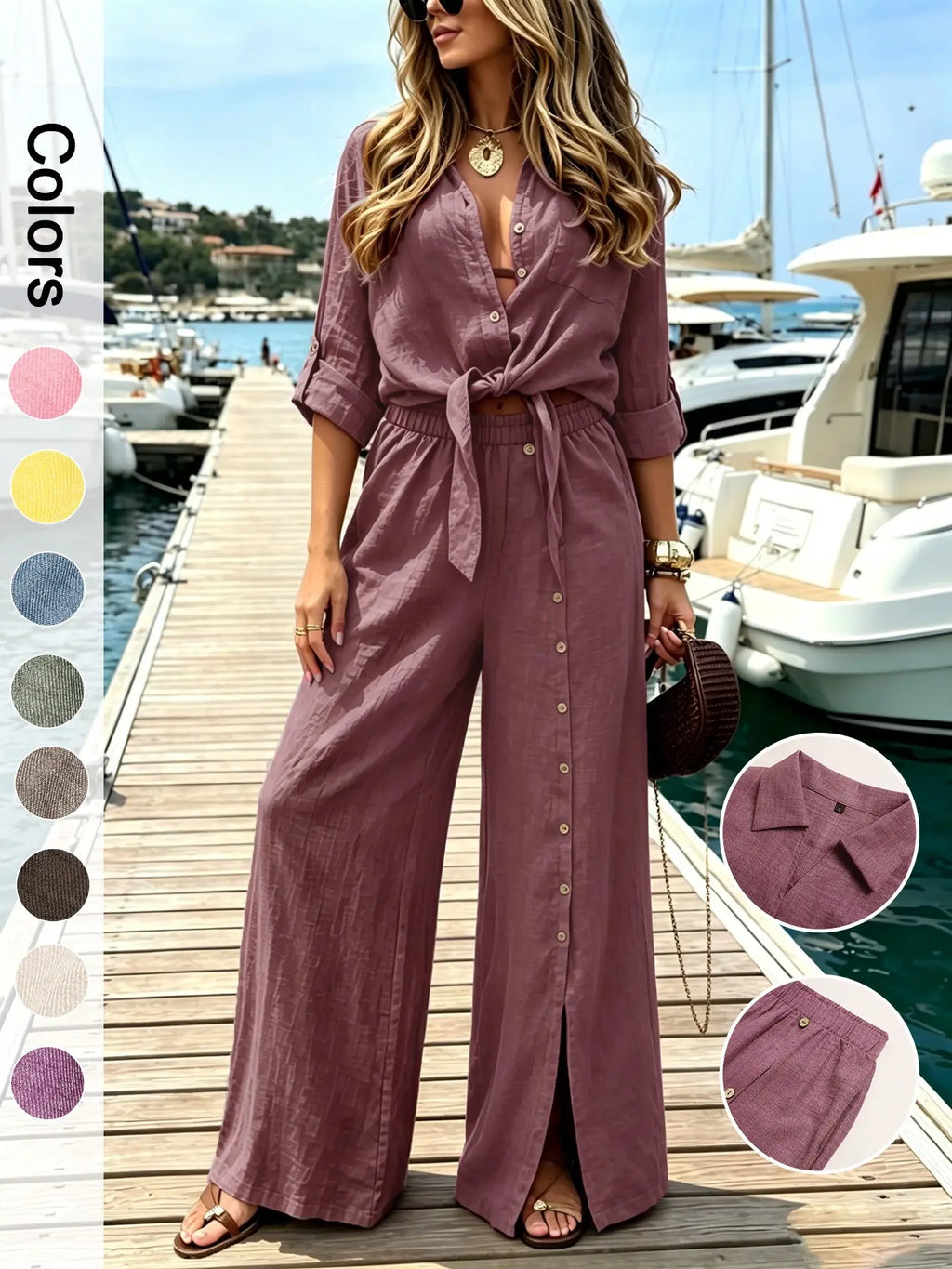 Women's Two-Piece Vacation Style Shirt and Pants Set, Knot Top with Button Decoration, Wide-Leg Pants, Casual Womenswear Clothes