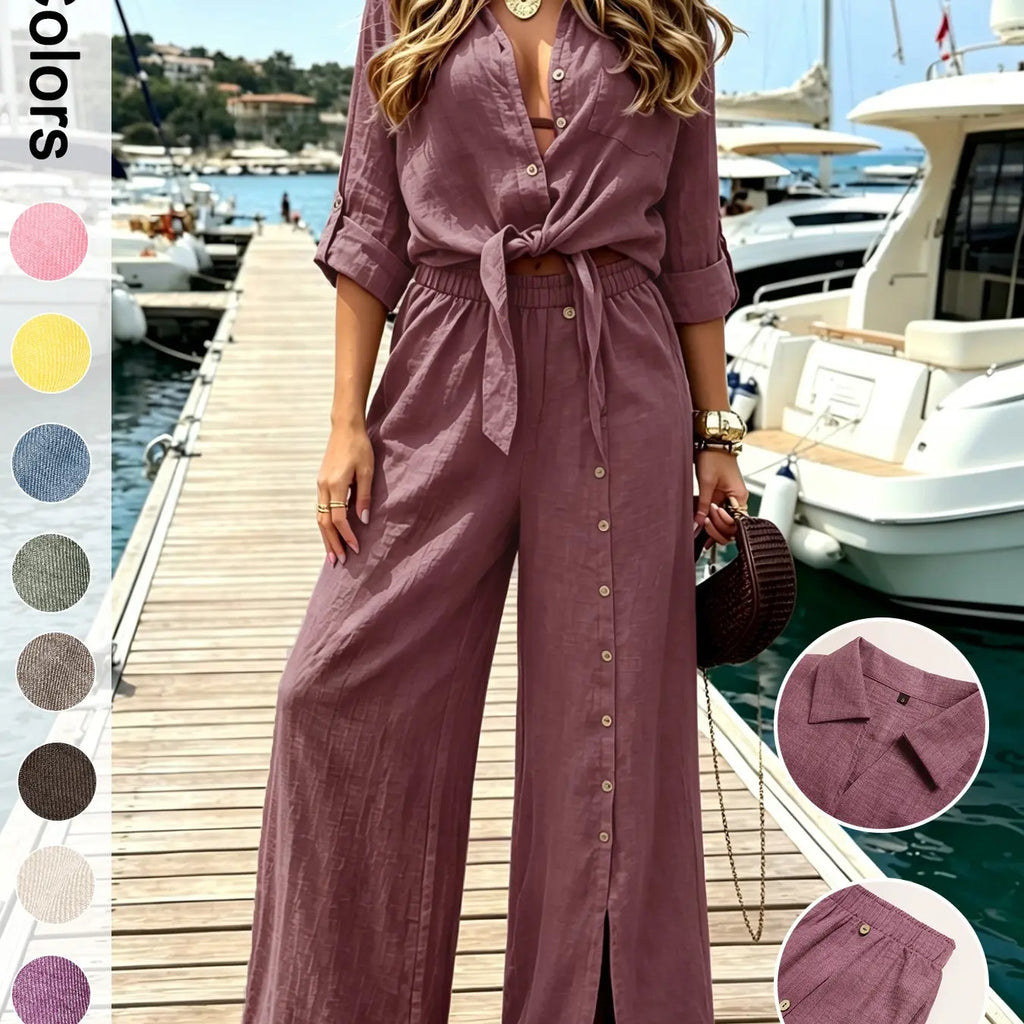 Women's Two-Piece Vacation Style Shirt and Pants Set, Knot Top with Button Decoration, Wide-Leg Pants, Casual Womenswear Clothes