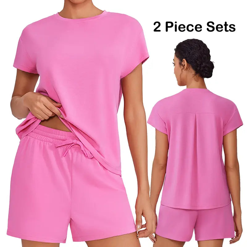 PINSPARK Women's 2-Piece Matching Set - Summer Crewneck Top, Drawstring Shorts with Pockets, Soft Fabric, Casual Travel Outfits, 2026 Trendy Sports & Outdoor Lounge Wear