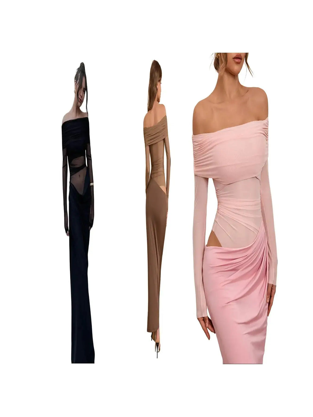 Women's Plain Off Shoulder Ruched Sheer Mesh Dress, 2025 Elegant Long Sleeve Long Dress for Party Banquet, Ladies Summer Clothes