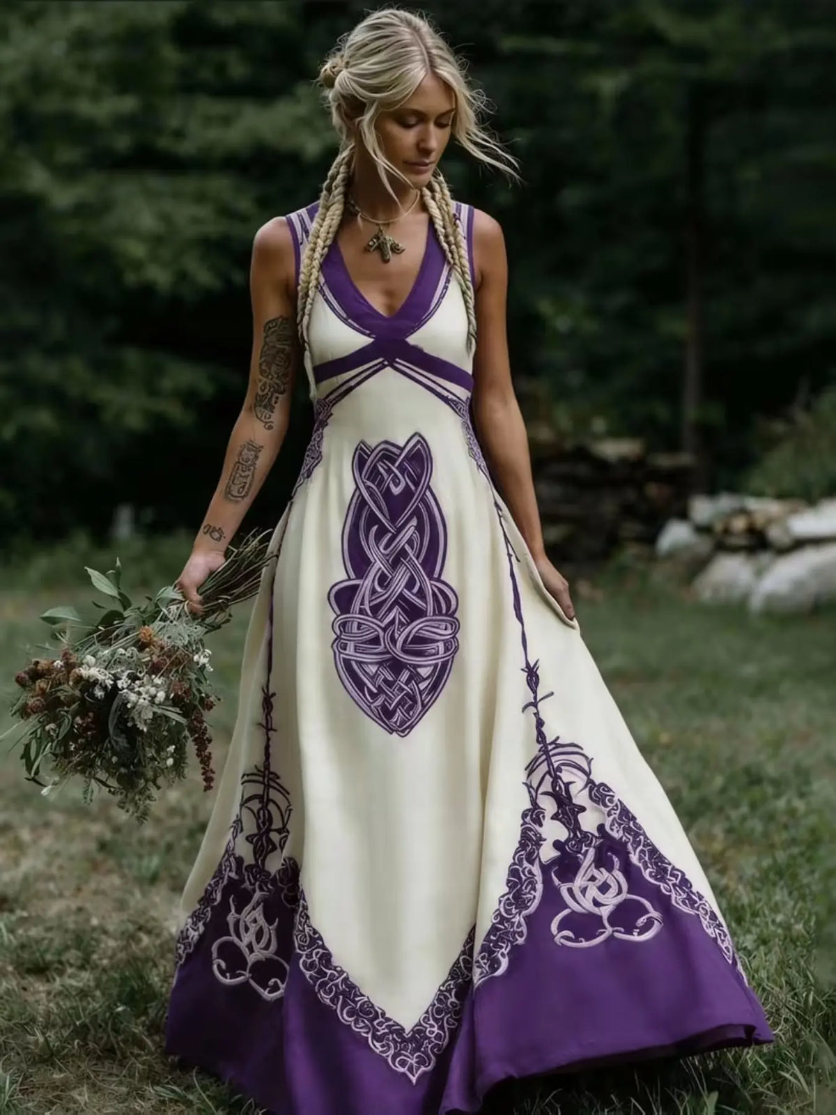 Vintage Celtic Knot Long Dress, Boho Sleeveless V Neck Gown, Loose-Fitting All over Print, Larp Renaissance Festival, Bohemian Women, Bohemian Romantic Dress