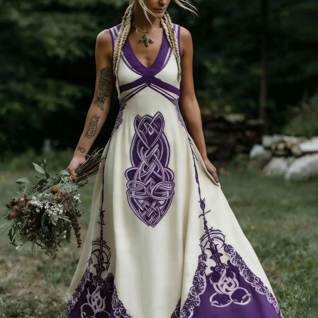 Vintage Celtic Knot Long Dress, Boho Sleeveless V Neck Gown, Loose-Fitting All over Print, Larp Renaissance Festival, Bohemian Women, Bohemian Romantic Dress