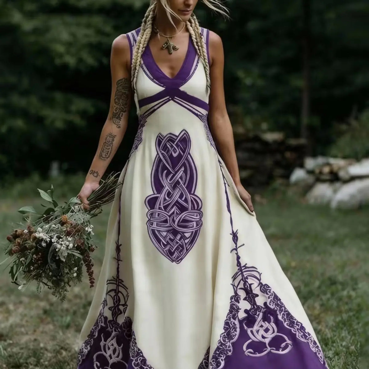 Vintage Celtic Knot Long Dress, Boho Sleeveless V Neck Gown, Loose-Fitting All over Print, Larp Renaissance Festival, Bohemian Women, Bohemian Romantic Dress
