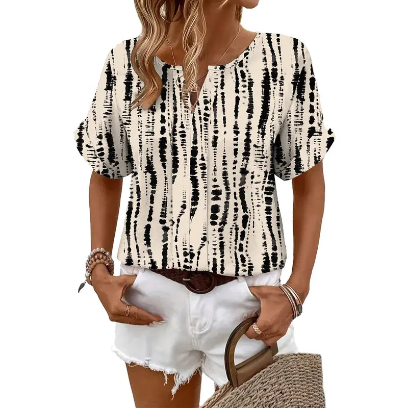 Shewin Women's Summer Abstract Graphic Woven Top, Split Notch V-Neck, Rolled Cuff Short Sleeve, Loose Fit Casual Pullover Blouse