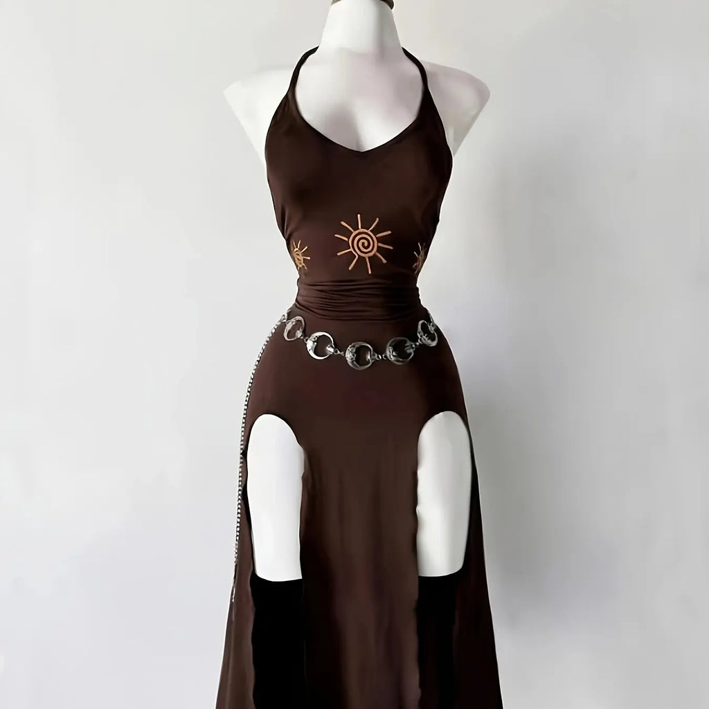 Vintage Gothic Halter Tie Dress, Slimming Split Midi Dress, Dark Theme Party Gown, Unique Retro Style, Perfect for Ceremonies, Elegant Party Dresses