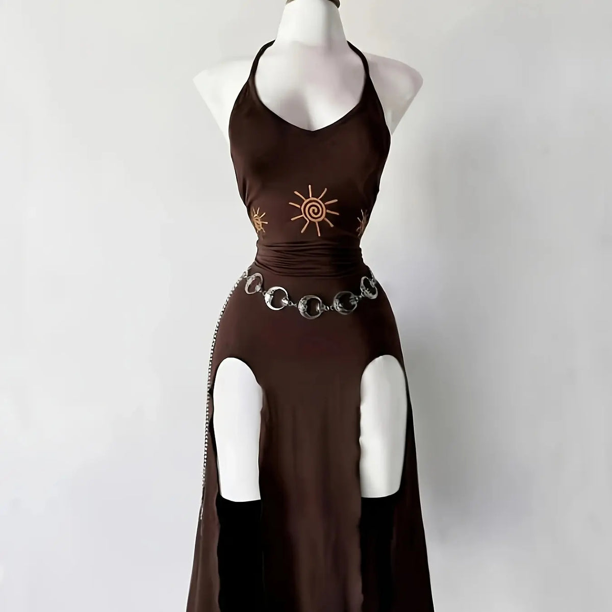 Vintage Gothic Halter Tie Dress, Slimming Split Midi Dress, Dark Theme Party Gown, Unique Retro Style, Perfect for Ceremonies, Elegant Party Dresses