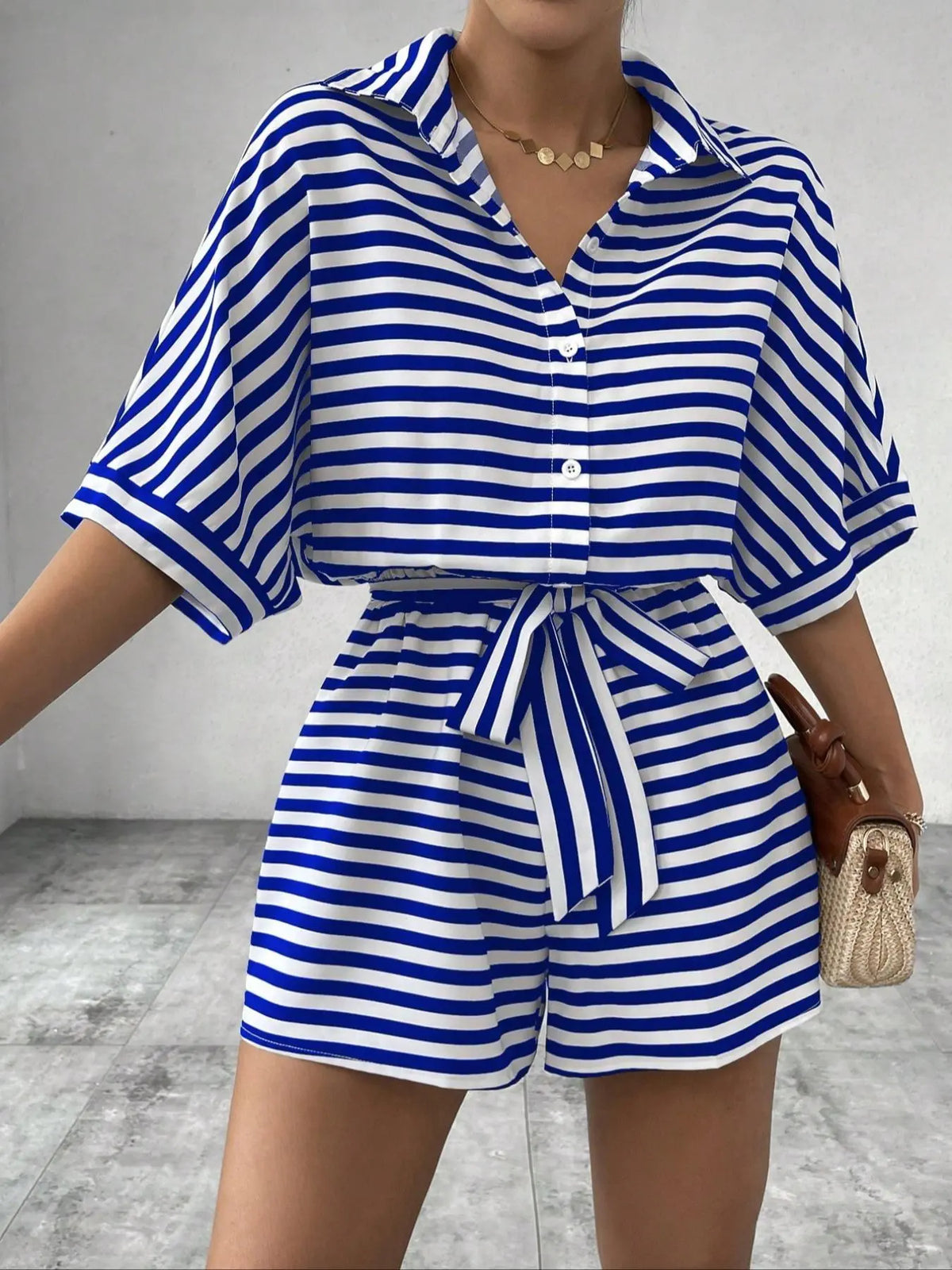 Women's Striped Soft and Breathable Casual Loose-Fit Belted Romper for Summer, Beach and Daily Wear, Womenswear