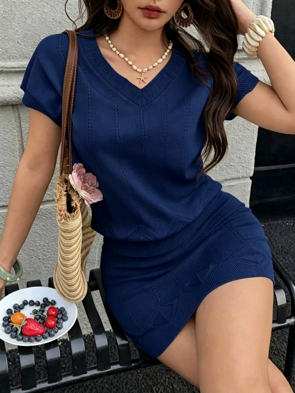 Two-Piece Women's Summer Clothes Set, V-Neck Hollow Out Cutout Top, Short A-Line Skirt, Slim Fit, Casual Elegant Chic Style, Knitwear for Vacation, Skirt And Top Set