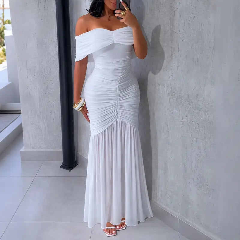 CHICME Women's Off-Shoulder Foldover Ruched Cinched Waist Minimalist Slim-Fit Mermaid Hem Evening Gown - Bump-Friendly Party & Wedding Guest Dress