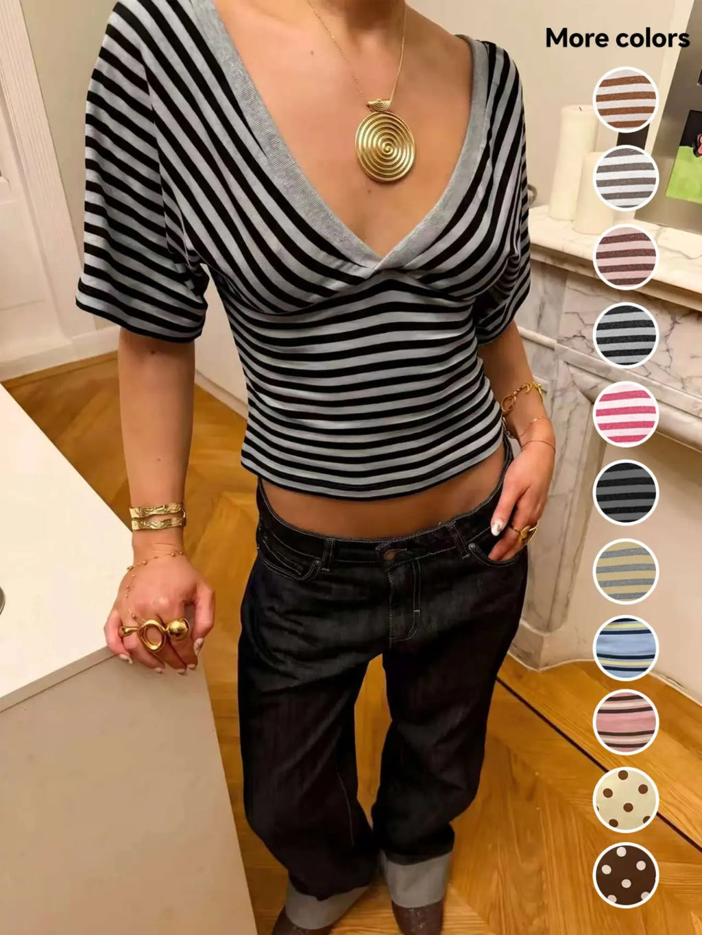 Striped V-Neck Wrap Top, Form-Fitting Puff Sleeve Y2K Crop Blouse, Stylish, Comfortable and Fashion Piece for Everyday Wear, Casual Everyday Tops