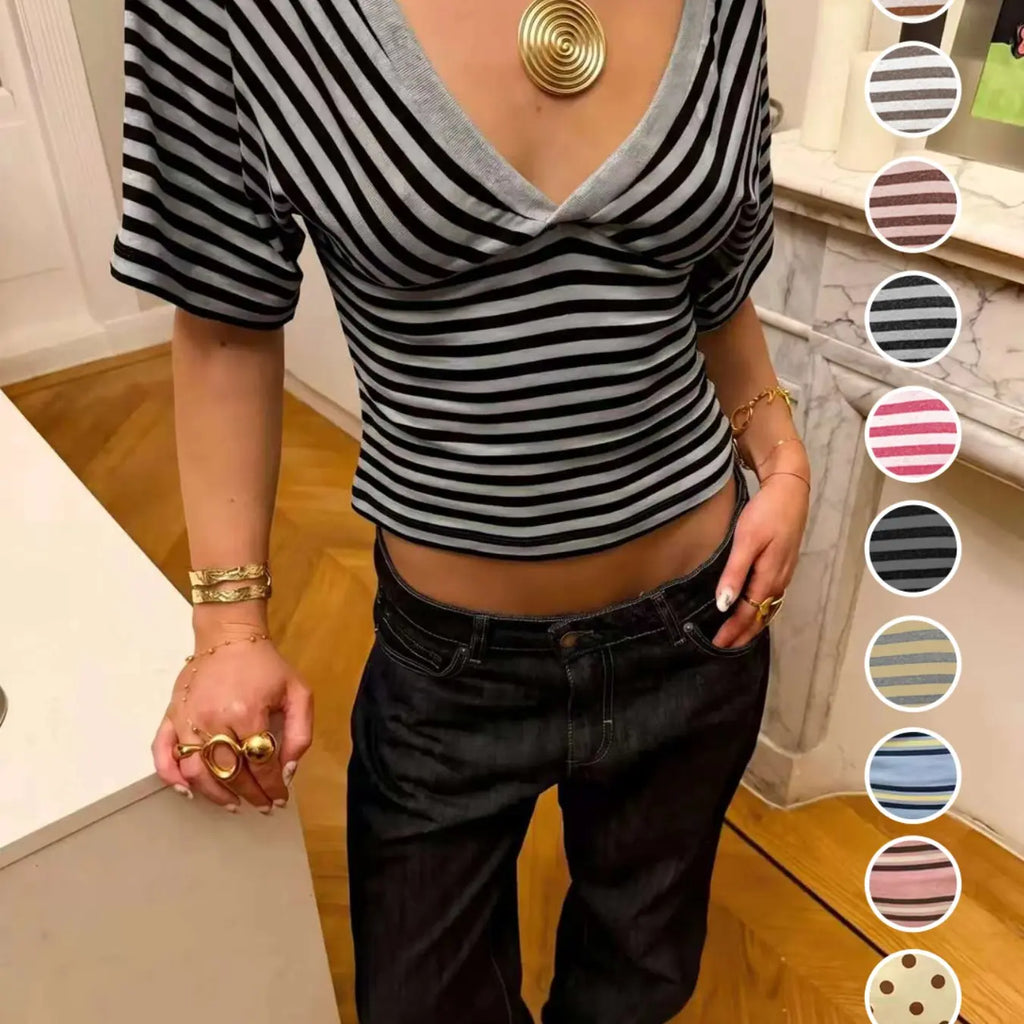 Striped V-Neck Wrap Top, Form-Fitting Puff Sleeve Y2K Crop Blouse, Stylish, Comfortable and Fashion Piece for Everyday Wear, Casual Everyday Tops