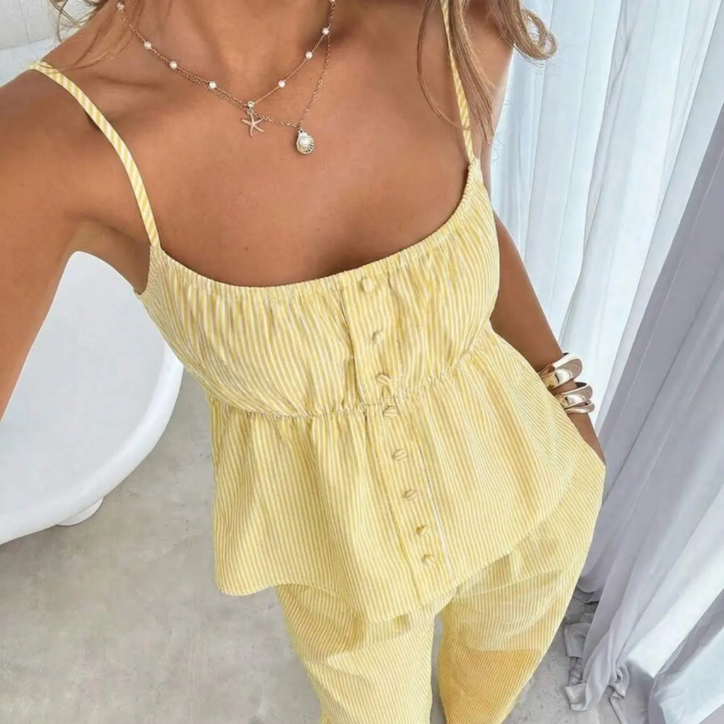Women’s Summer Tank Top and Wide-Leg, Striped Casual Two-Piece Outfit for Campus, Home and Everyday Wear Casual Chic Set