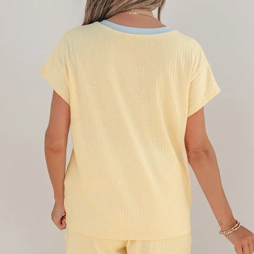 Asvivid Womens Soft Ribbed Two Piece Sets Color Block Trim Tops Casual Short with Pocket Womenswear 2 PCS Set Summer Vacation Outfits