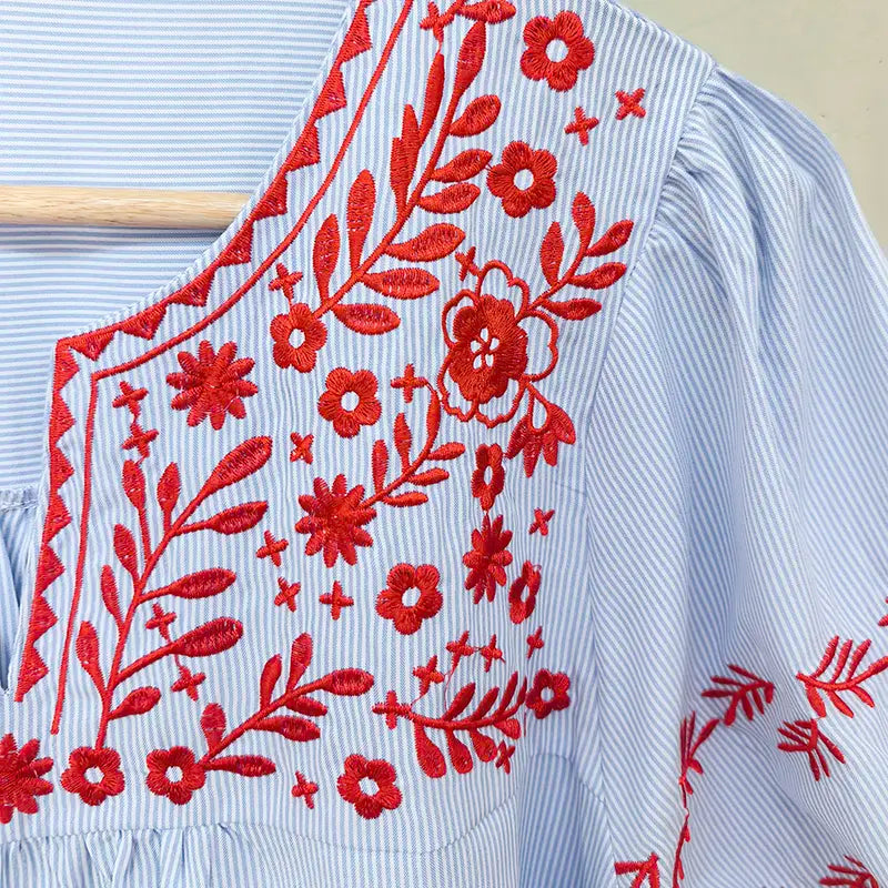 Women's SageVell Trending Boho Striped Blue-Khaki Blouse - Lady's Chic V-Neck Puff Sleeve Top with Delicate Red Floral Embroidery, Soft Fabric, Boho Clothes (Medium)