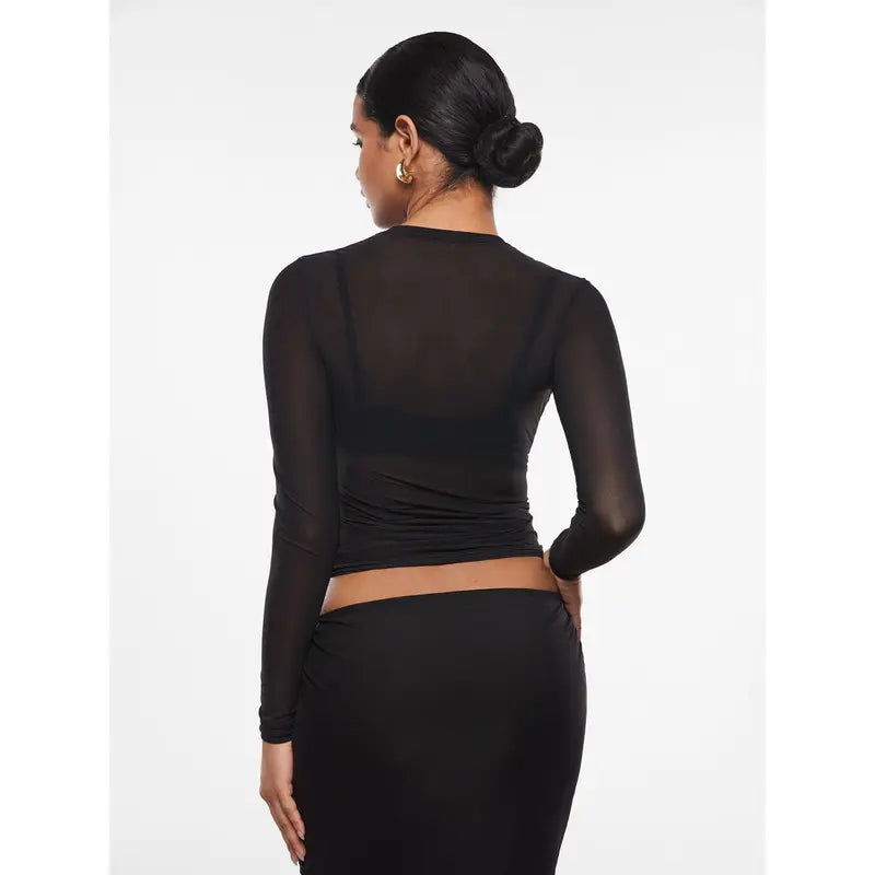 Cosnufy Mesh Sheer Long Sleeve Top Single Layer Crew Neck See Through