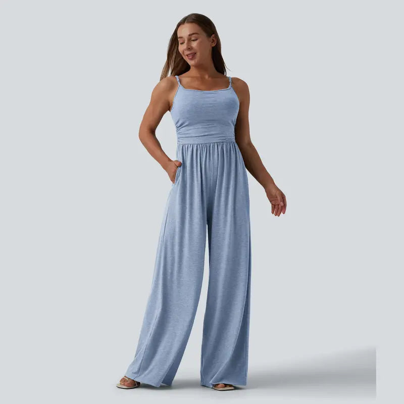 Halara Adjustable Straps Ruched Wide Leg Heathered Casual Jumpsuit with Pockets-Easy Peezy
