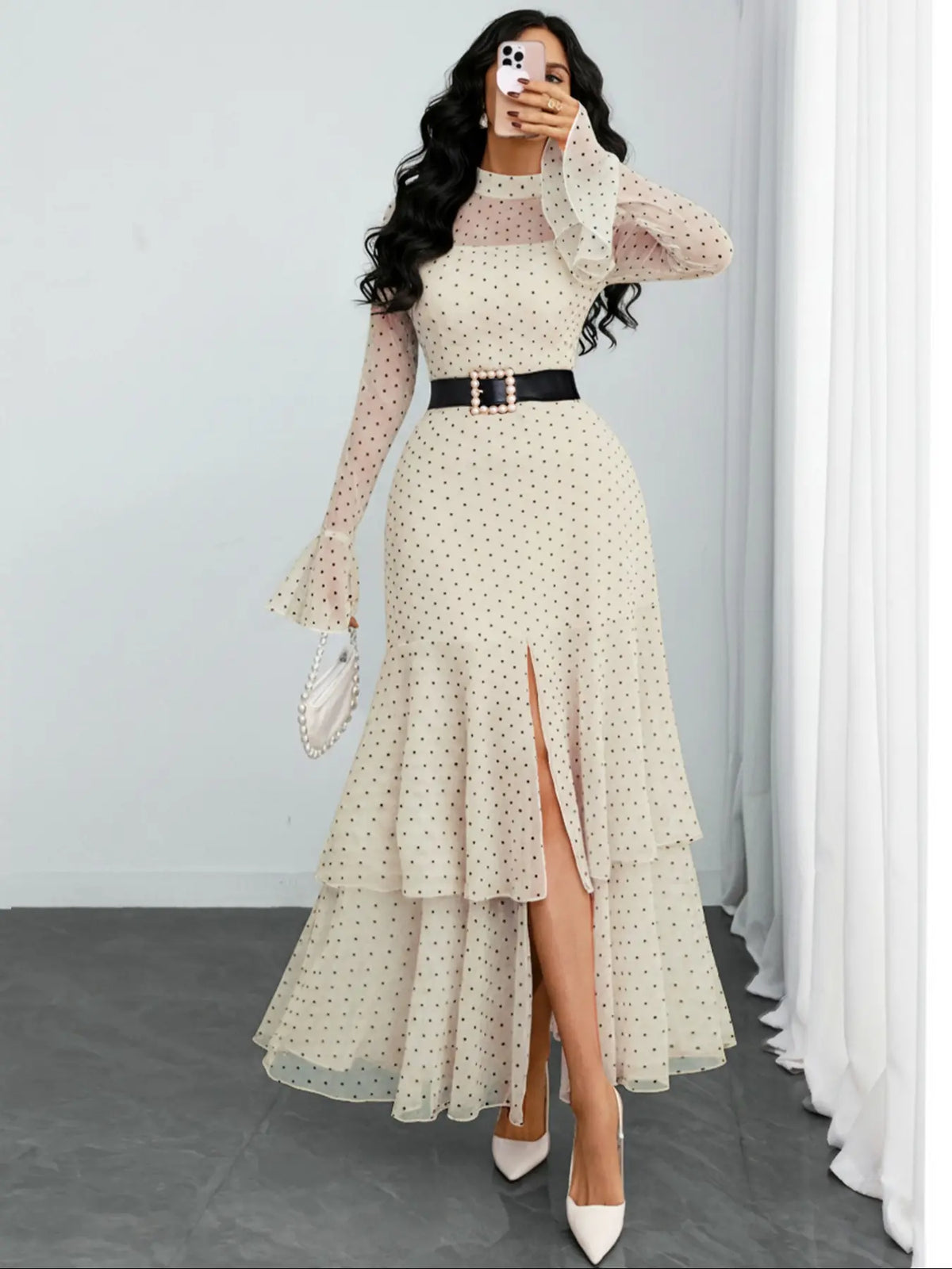 Women's Romantic Polka Dot Split Mesh Patchwork Layered Elegant Chic Formal Flared Skirt Dress, Long Sleeve, Fitted Style, Evening Formal Wear, All Seasons, No Waistband Included