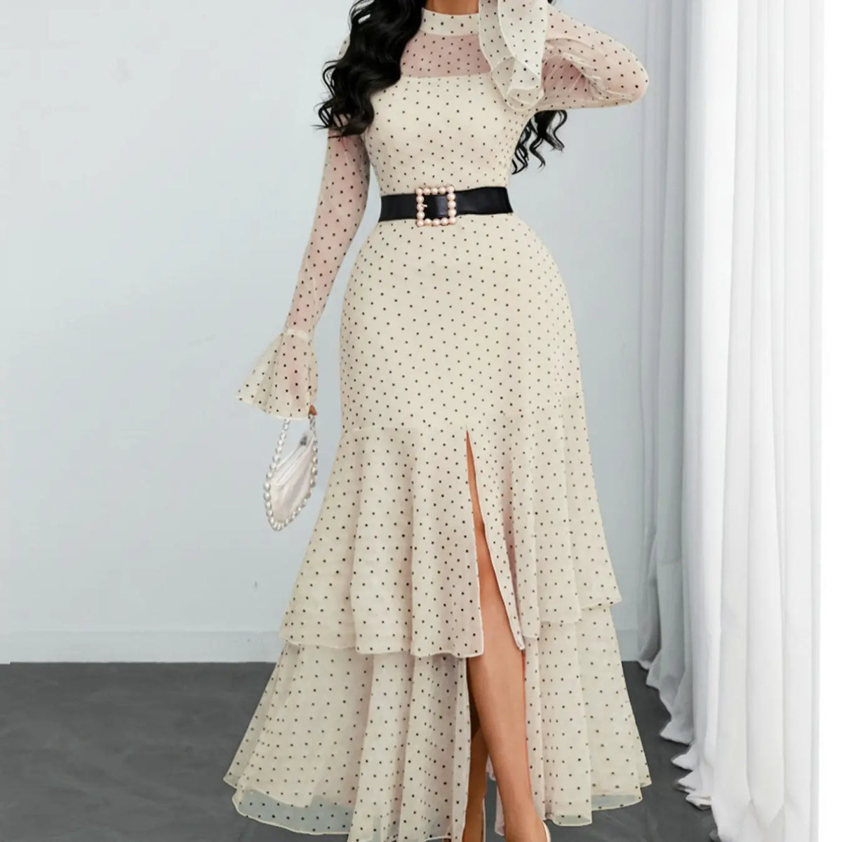 Women's Romantic Polka Dot Split Mesh Patchwork Layered Elegant Chic Formal Flared Skirt Dress, Long Sleeve, Fitted Style, Evening Formal Wear, All Seasons, No Waistband Included