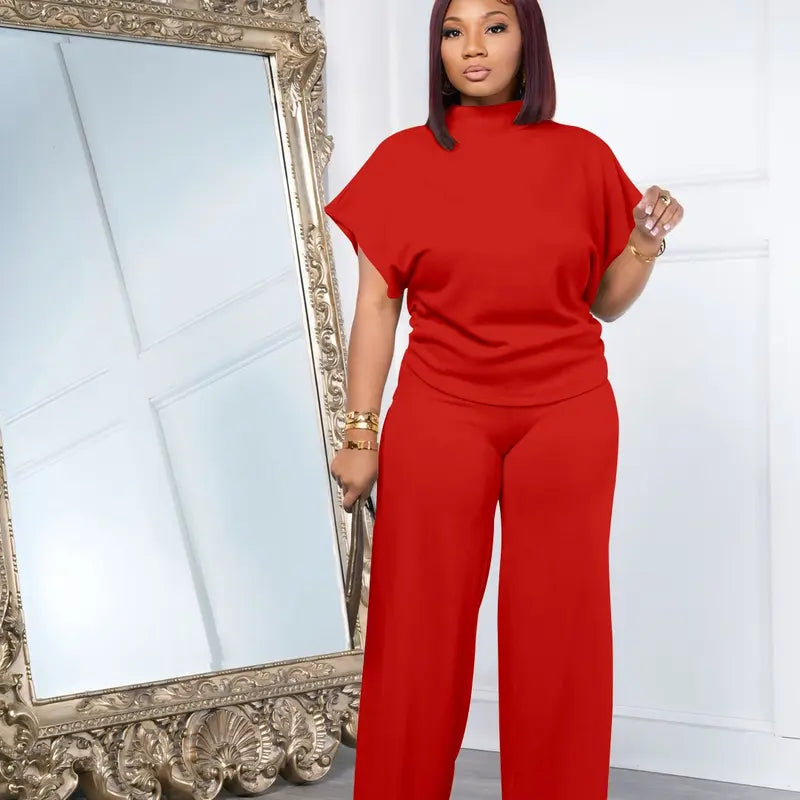 USBoutique Chic Women Summer Lightweight And Silky Soft Set Two Piece Casual Set Short Sleeved Semi High Neck Loose Top Wide Leg Pants Set