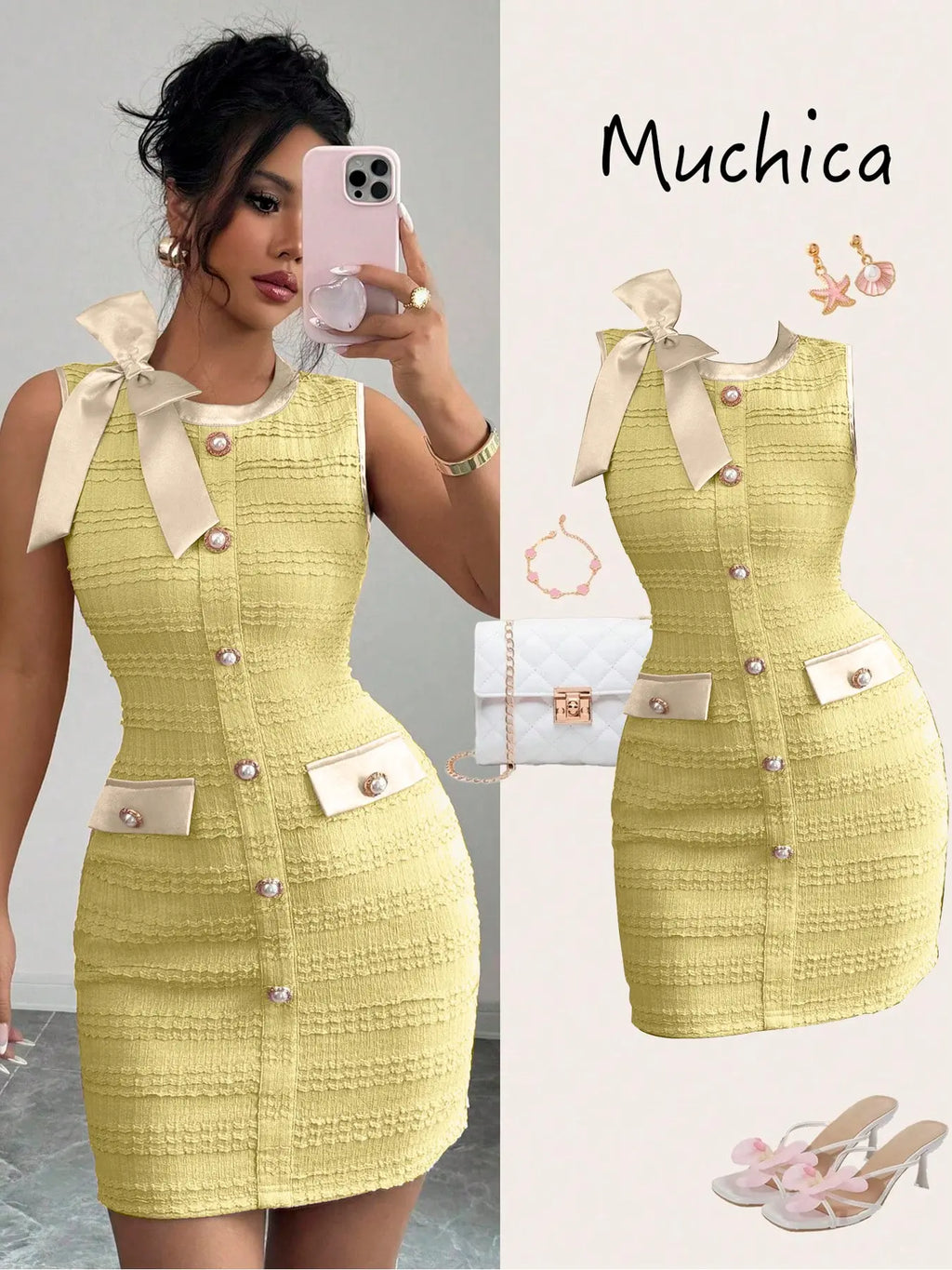 Women's Elegant Chic Formal Sleeveless Bodycon Short Dress, Satin Bow Decor, Pearl Metal Buckle, Perfect for Date, Romantic Occasions, Party, Womenswear