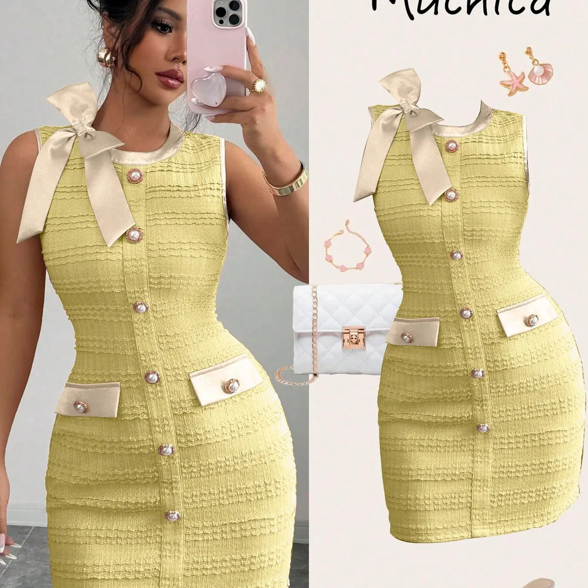 Women's Elegant Chic Formal Sleeveless Bodycon Short Dress, Satin Bow Decor, Pearl Metal Buckle, Perfect for Date, Romantic Occasions, Party, Womenswear