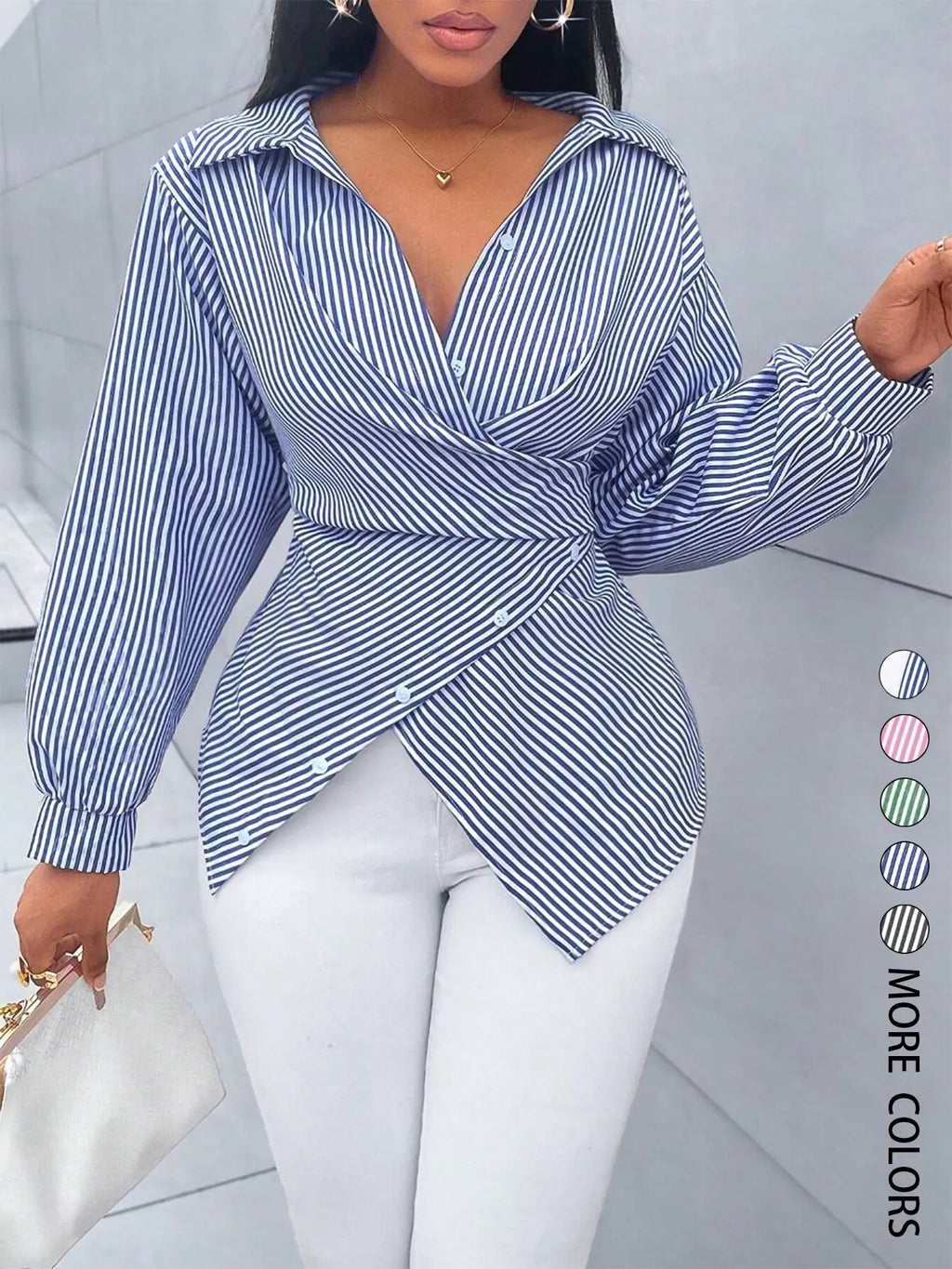 Women's Striped Print Button Front Shirt, Button Closure Shirt, Asymmetrical Shirts, Asymmetrical Hem ,Wrap Blouse,Fall Outfits,Long Sleeve,Winter Clothing,Elegant,Chic,Daily Commuting,Going Our,Casual, Top