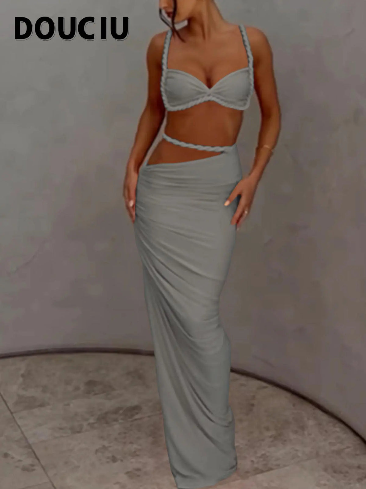 DOUCIU Multicolor Summer Beach Vacation Cool Light Sexy Hot Thin Women's Top Twisted Spaghetti Strap Vest Skirt Two-Piece Set