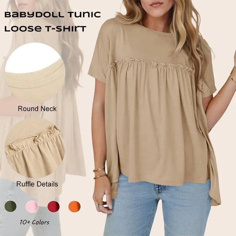 Imily Bela Womens Summer Babydoll Tunic Tops Pleated Short Sleeve Crew Neck Peplum T Shirts Casual Loose Fit Outfits Womenswear Blouse church outfit Breathable Chic