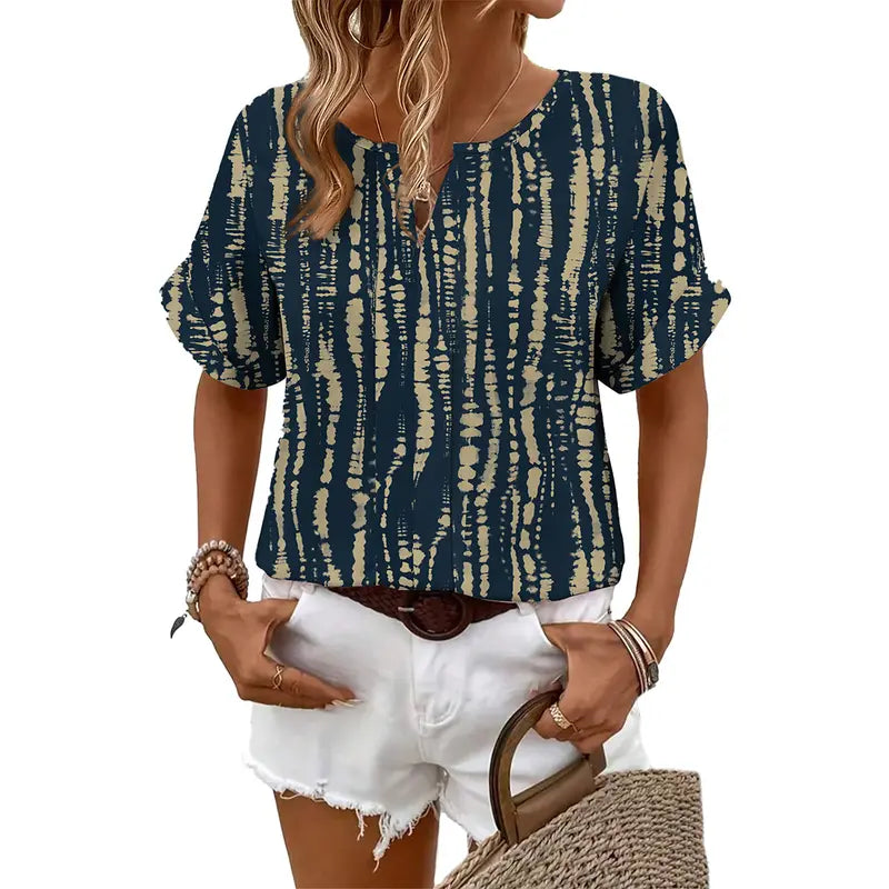 Shewin Women's Summer Abstract Graphic Woven Top, Split Notch V-Neck, Rolled Cuff Short Sleeve, Loose Fit Casual Pullover Blouse