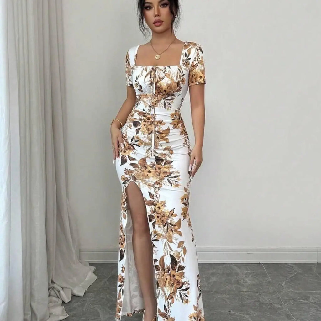 Women's Summer Split Hem Short Sleeve Long Formal Dress, Elegant Waist Cinch Dress for Vacation, Beach & Holiday, Floral Print Evening Gown, Dress Up Gown, Printed Dress