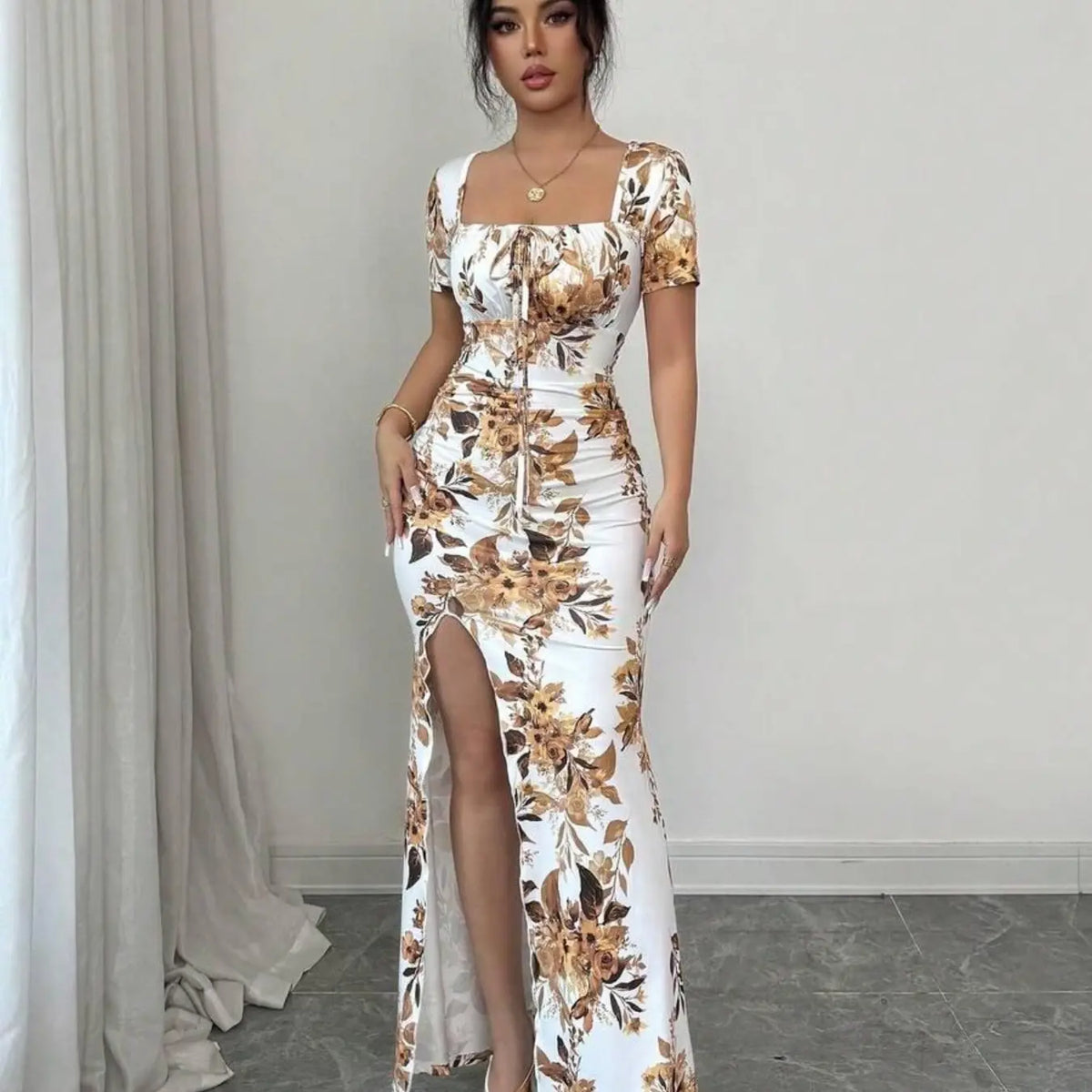 Women's Summer Split Hem Short Sleeve Long Formal Dress, Elegant Waist Cinch Dress for Vacation, Beach & Holiday, Floral Print Evening Gown, Dress Up Gown, Printed Dress