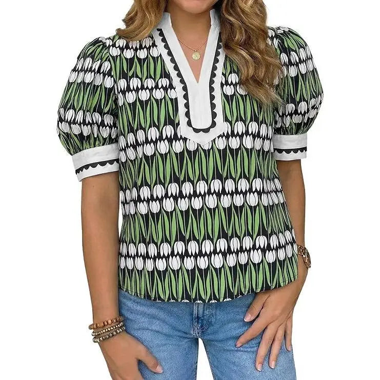 TANKANEO Women's Elegant Chic V-Neck Puff Sleeve Polyester Blouse - Dressy Tops for Coffee, Party, Summer, Loose Fit with Floral or Leopard Prints, Blouses for Women