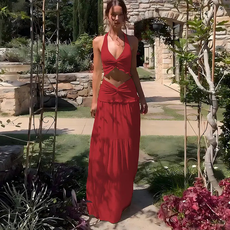 Backless Crop Top & Ruched Skirt Two Pieces Set Women's 2026 Summer & Fall New Clothes Sleeveless Halter Neck Top & Skirt Ladies Holiday Vacation Beach Lightweight Outfits Solid Color Skirt Suit