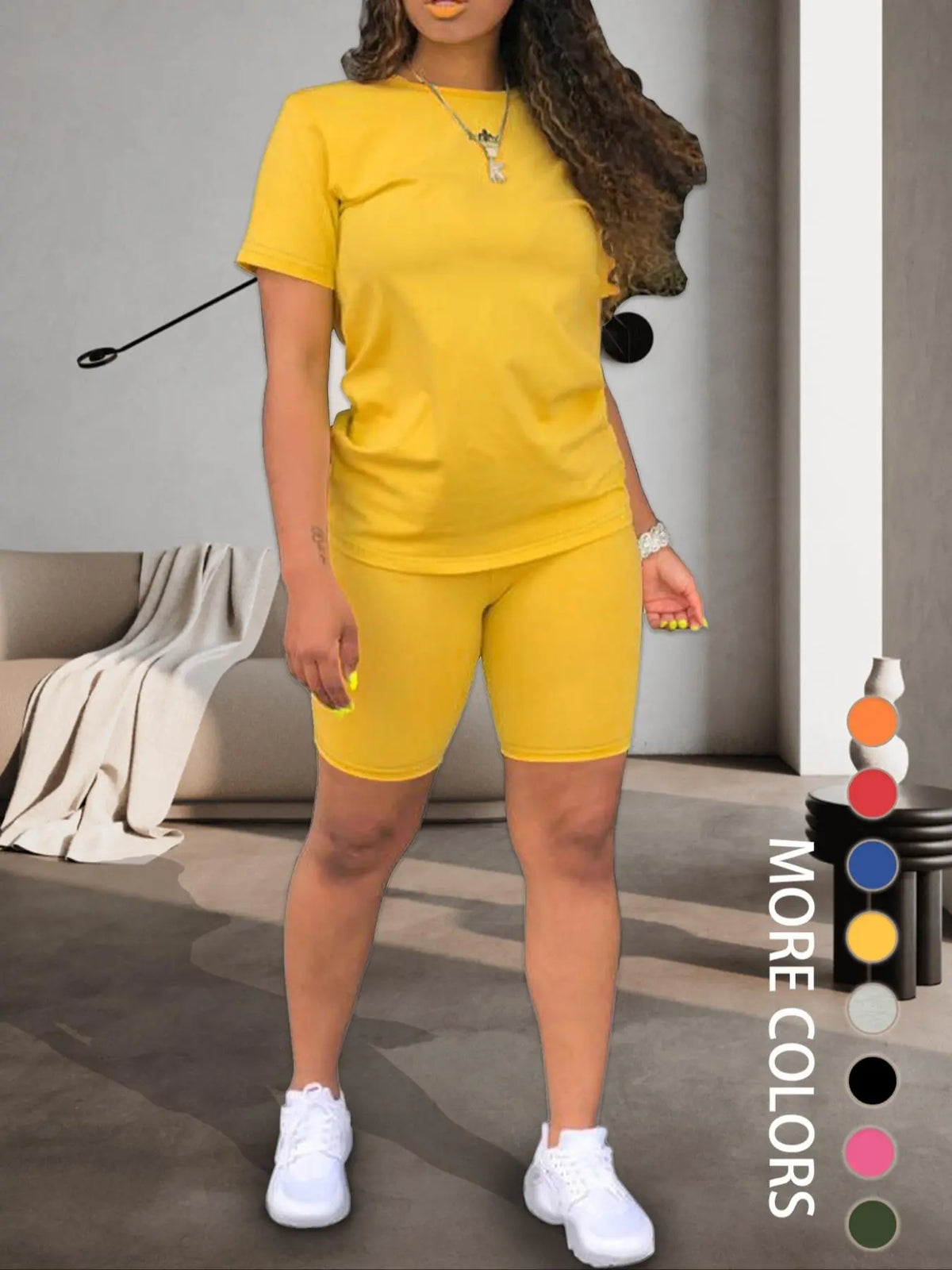 Two-piece Women's Fitted Plain Basic Round Neck Tee & Skinny Shorts Set, Minimalist, Casual Summer Clothes for Women, Short Sleeve Crew Neck T-shirt & Shorts, Summer Outfit for Outdoor, Matching Clothing Set, Casual Beach Set, Fashion Clothes Set