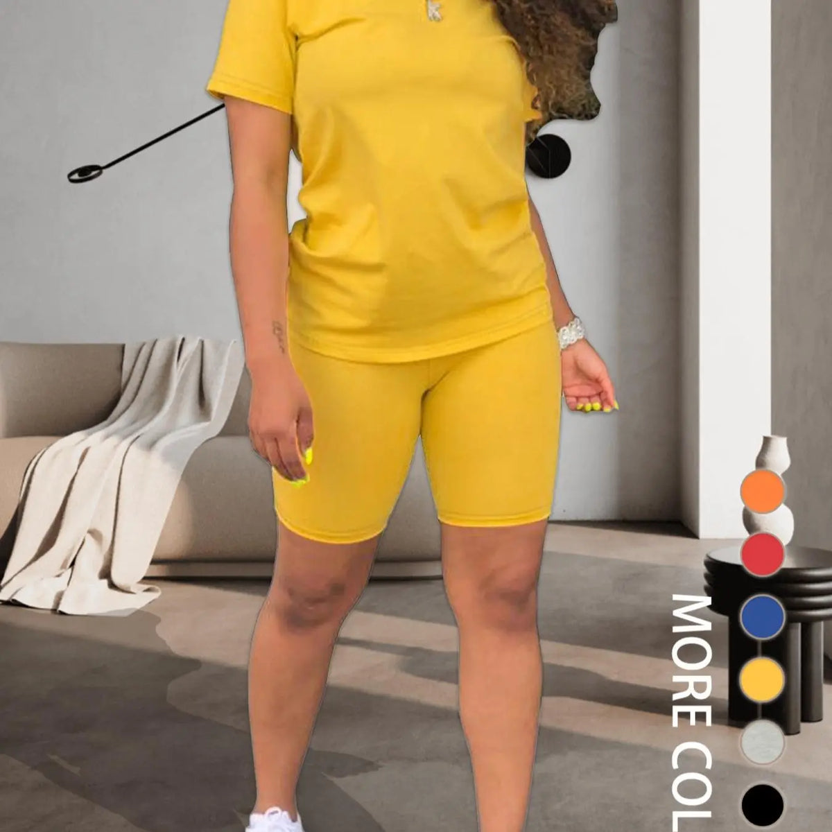 Two-piece Women's Fitted Plain Basic Round Neck Tee & Skinny Shorts Set, Minimalist, Casual Summer Clothes for Women, Short Sleeve Crew Neck T-shirt & Shorts, Summer Outfit for Outdoor, Matching Clothing Set, Casual Beach Set, Fashion Clothes Set