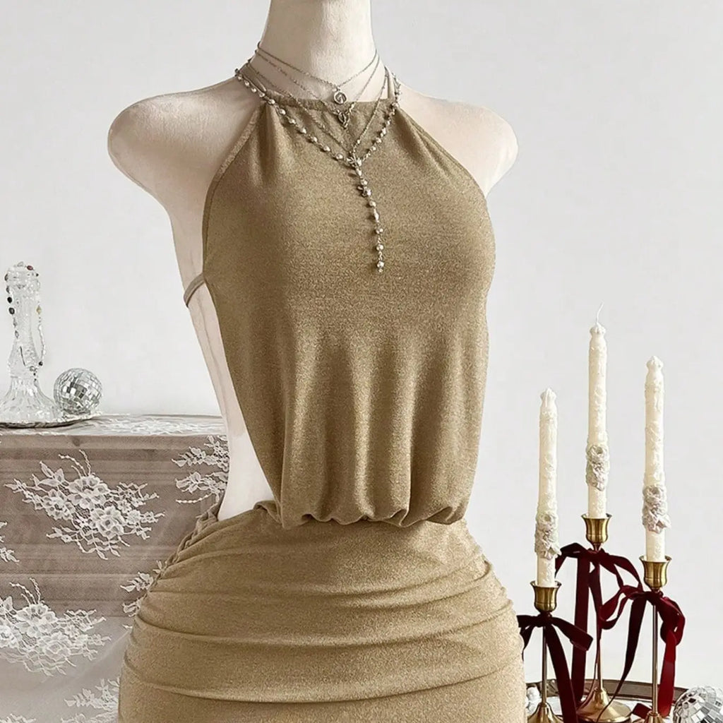 Slimming Curve-Enhancing Ultra-Short Cocktail Party Dress, Halter Neck Backless Pleated Dress, Stretchy Comfortable Fabric, Fit, Perfect for Parties, Vacations, Dates