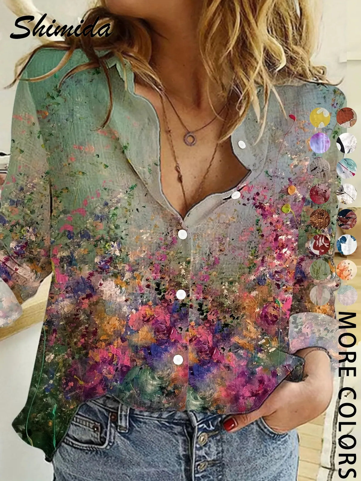 Women's Four-Season Button-Up Shirt, Digital Floral Print Long Sleeve Basic Blouse, Casual Vacation Lapel Boho Cottagecore Blouse, Soft Tops for Casual Daily Wear, Boho Style Shirt