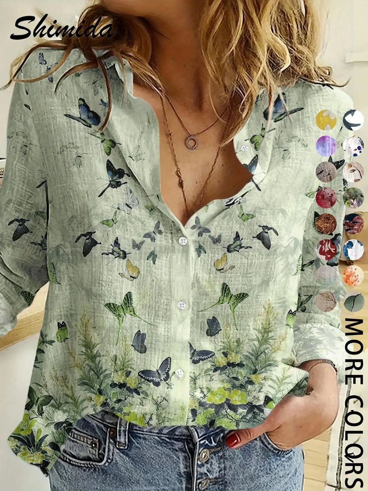 Women's Four-Season Button-Up Shirt, Digital Floral Print Long Sleeve Basic Blouse, Casual Vacation Lapel Boho Cottagecore Blouse, Soft Tops for Casual Daily Wear, Boho Style Shirt