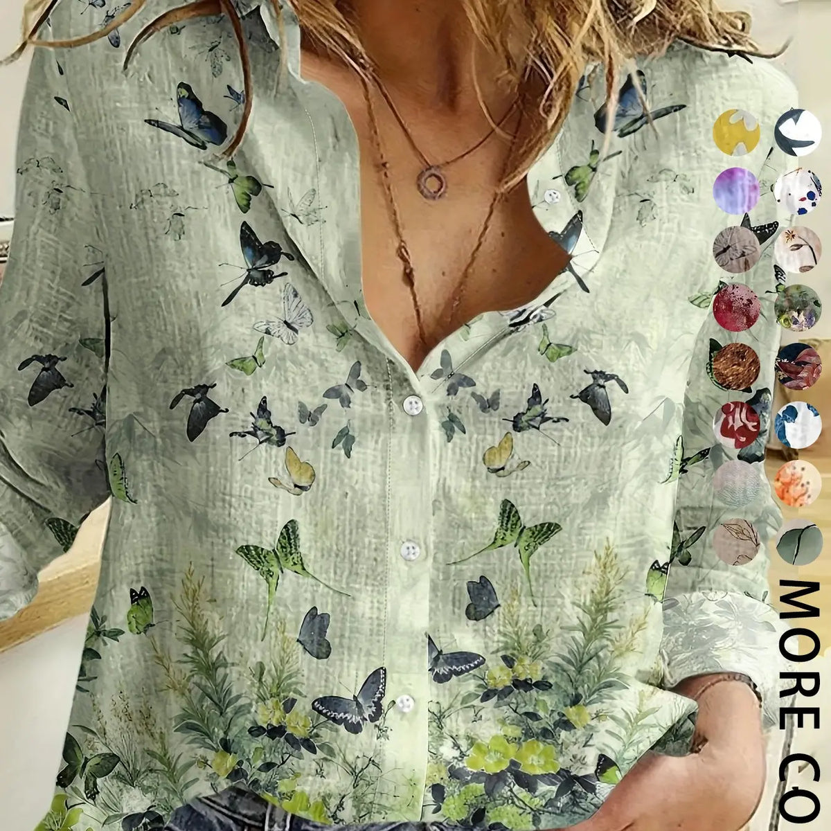 Women's Four-Season Button-Up Shirt, Digital Floral Print Long Sleeve Basic Blouse, Casual Vacation Lapel Boho Cottagecore Blouse, Soft Tops for Casual Daily Wear, Boho Style Shirt