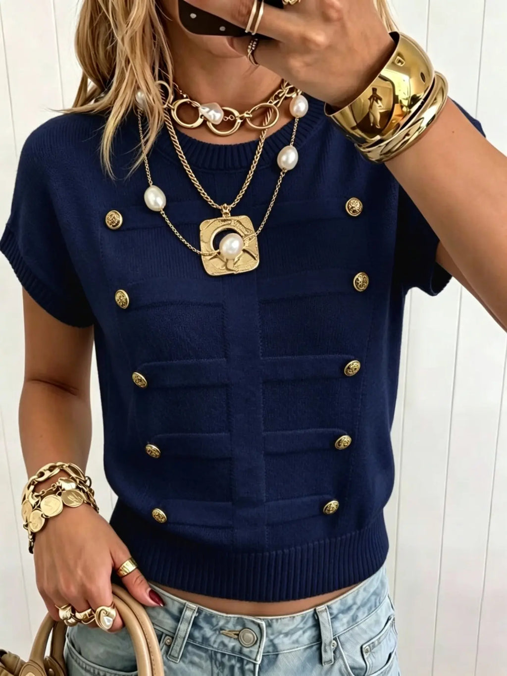 Elegant Loose-Fitting Plain Round Neck Metal Button Short Sleeve Pullover Loose Tops for Daily and Everyday Wear
