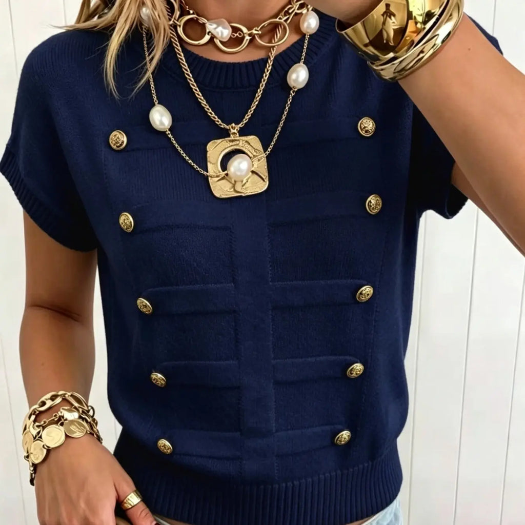 Elegant Loose-Fitting Plain Round Neck Metal Button Short Sleeve Pullover Loose Tops for Daily and Everyday Wear