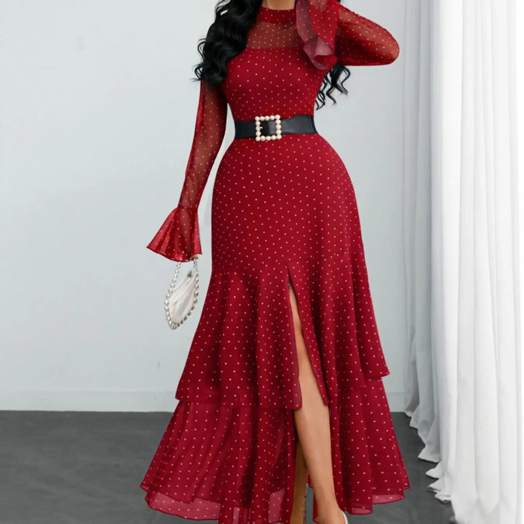 Women's Romantic Polka Dot Split Mesh Patchwork Layered Elegant Chic Formal Flared Skirt Dress, Long Sleeve, Fitted Style, Evening Formal Wear, All Seasons, No Waistband Included