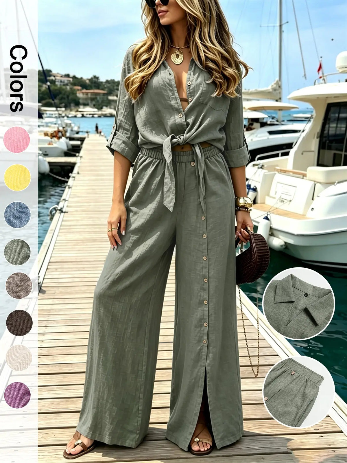 Women's Two-Piece Vacation Style Shirt and Pants Set, Knot Top with Button Decoration, Wide-Leg Pants, Casual Womenswear Clothes