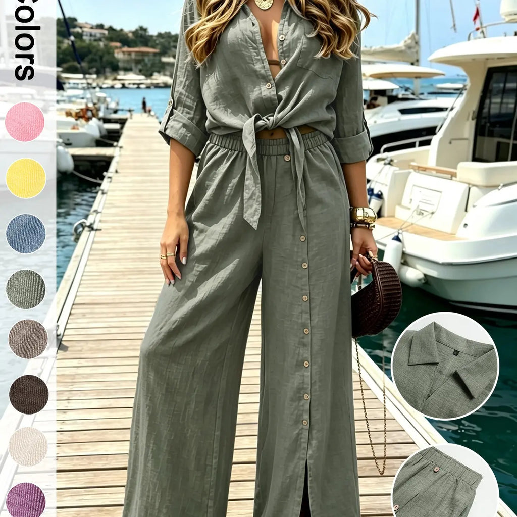 Women's Two-Piece Vacation Style Shirt and Pants Set, Knot Top with Button Decoration, Wide-Leg Pants, Casual Womenswear Clothes