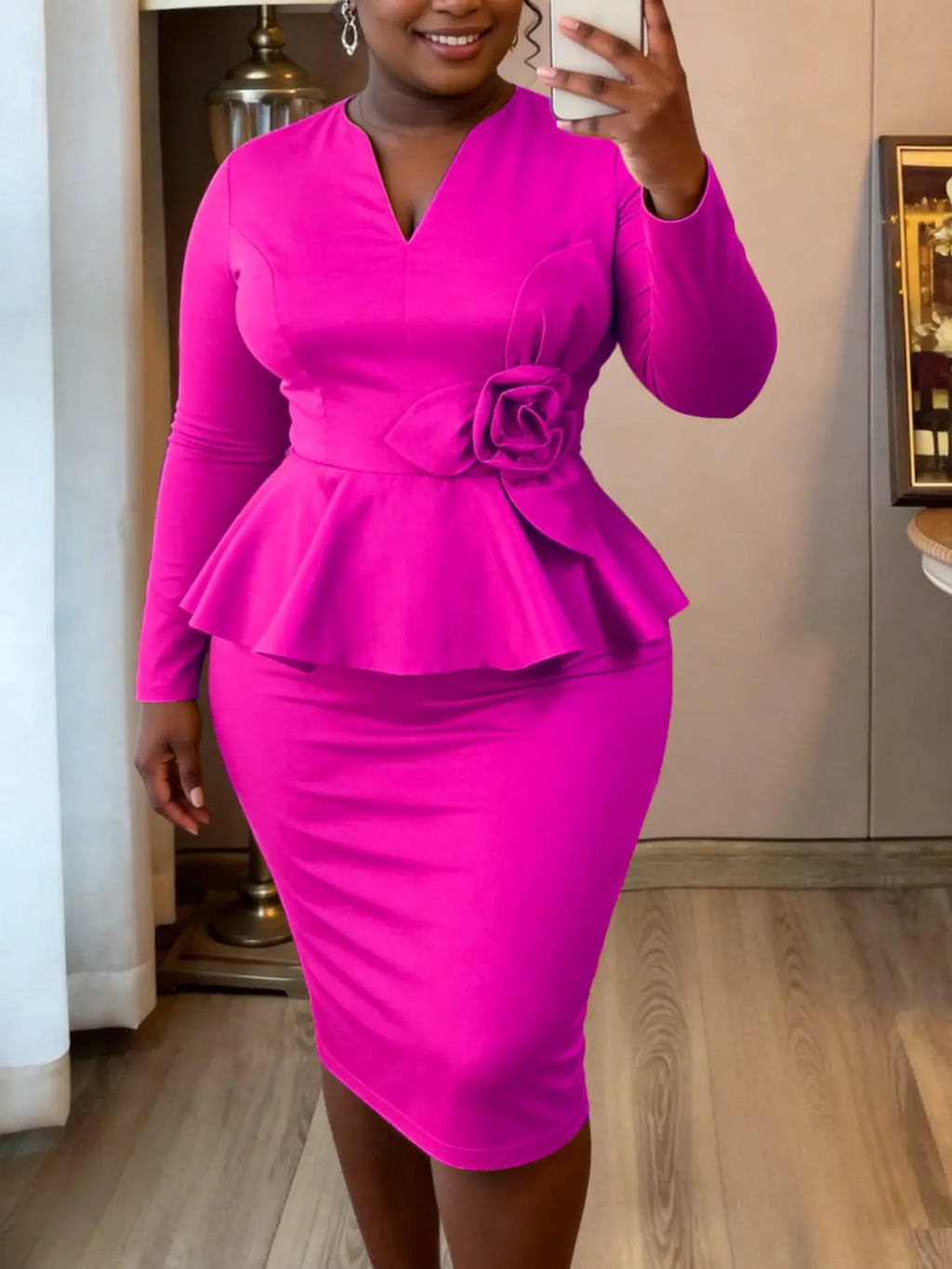 Plus-Size Women's V-Neck Elegant Dress, Elegant Party Dresses: Featuring 3D Floral Appliqués, Ruffles, Long Sleeve, Slim-Fit Body-Hugging Silhouette—Perfect for Church Events, Dinner Parties, Weddings, Cocktail Receptions