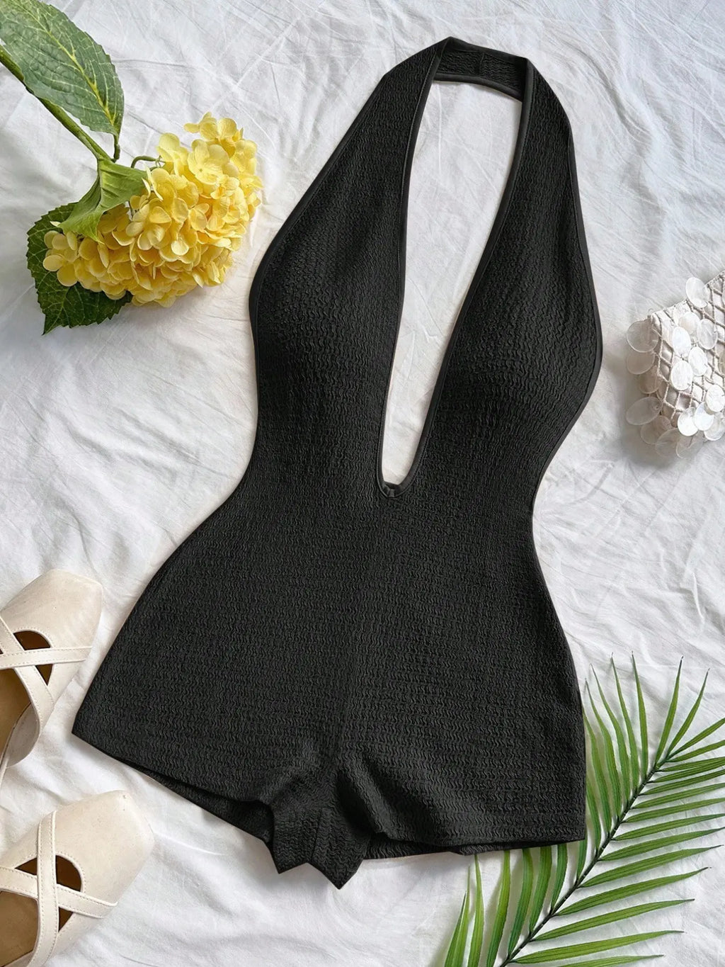 Women's New Fashion Comfortable Versatile Casual Deep V Neck Halter Striped Knit Chic Romper Vest Jumpsuit Shorts Set, Stylish All-Season Wear, Womenswear