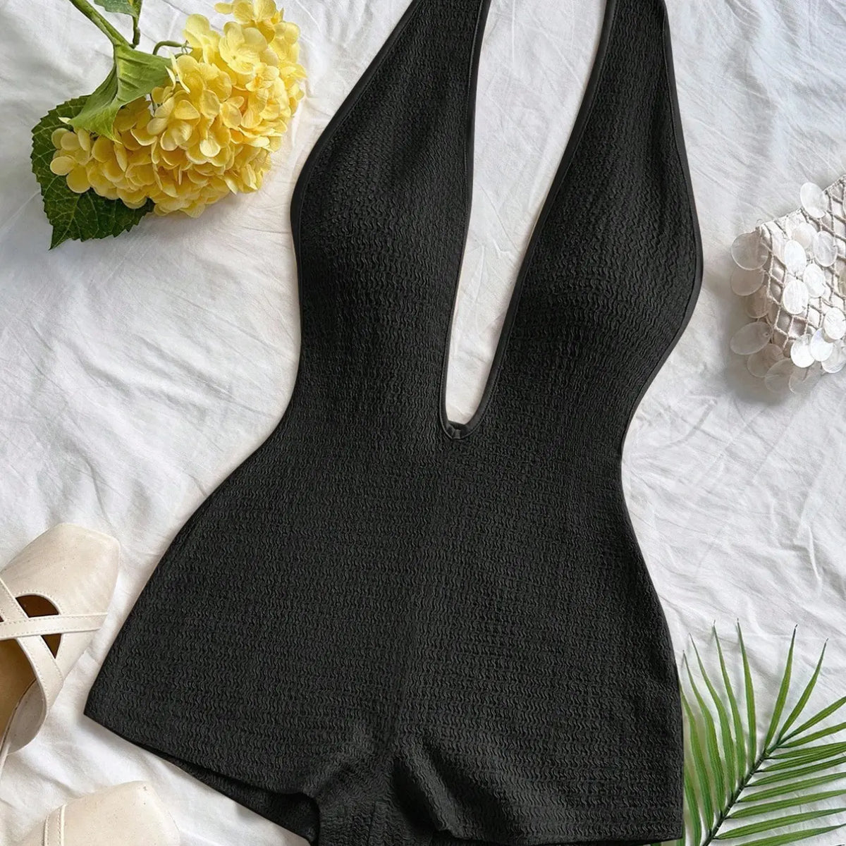 Women's New Fashion Comfortable Versatile Casual Deep V Neck Halter Striped Knit Chic Romper Vest Jumpsuit Shorts Set, Stylish All-Season Wear, Womenswear
