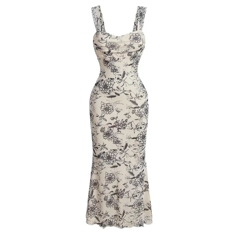 HYZ Women's Summer Floral Print Square Neck Mesh Sleeveless Bodycon Midi Party Dress