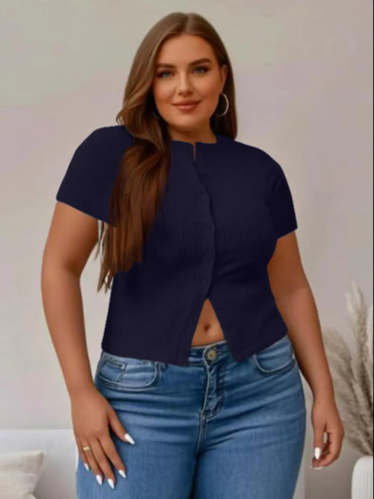Plus Size Fitted Basic Solid Ribbed Short Sleeve Round Neck Top, Casual Button Front Button Down Closure Top for Summer, Women's Clothing for Daily Wear